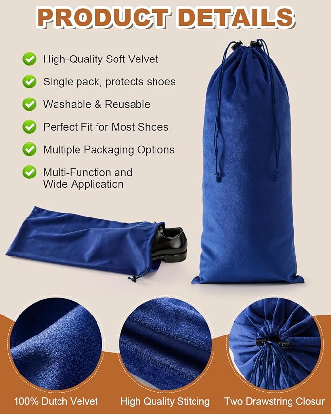2 Pcs Single Shoe Bags for Travel, Velvet Bags, Palace Blue, 17.3x8.6 Inch | Washable & Reusable Travel Shoe Bags, Dustproof Shoe Bags with Drawstring Closure, Suitable for Travel, Home Storage
