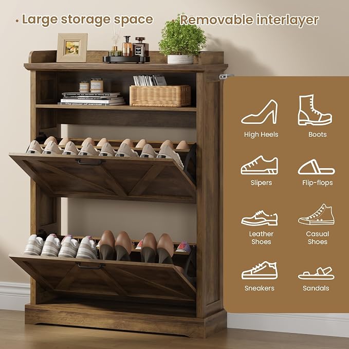 Shoe Cabinet with 2 Flip Drawers, Farmhouse Narrow Shoe Cabinet Organizer with Double-Layer Top, Freestanding entryway organizer with adjustable shelves and hooks, for, Foyer, Hallway, Brown