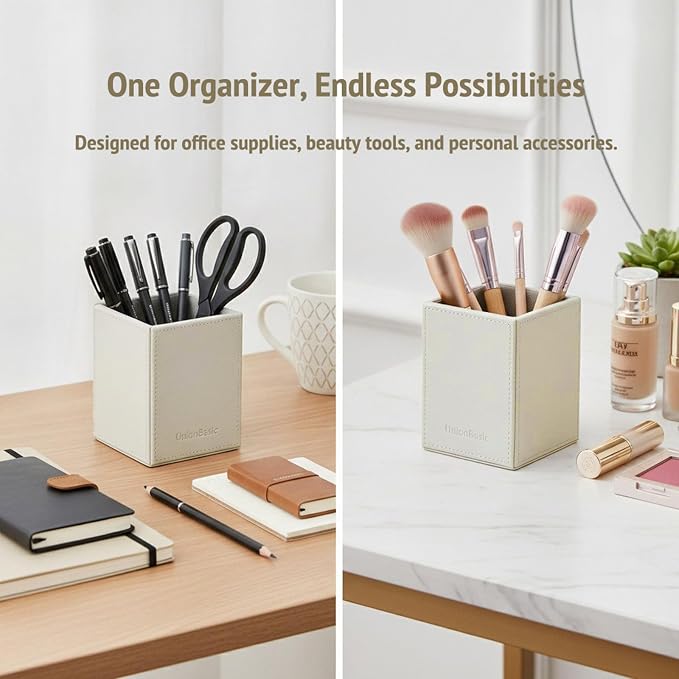 UnionBasic Square Pen Holder, Leather Pencil Cup, Desktop Caddy Stationery Organizer, Creamy White | Leather, Pencil Cup, Desktop Caddy, Stationery Organizer