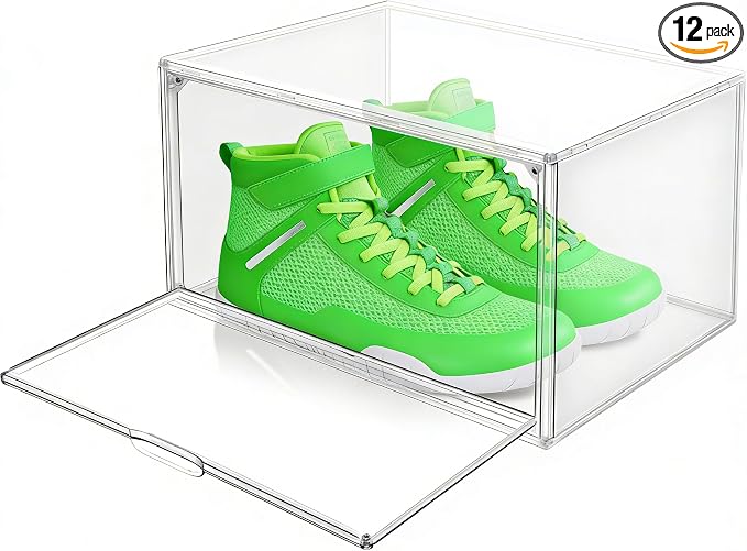 12 Pack Clear Shoe Boxes Plastic Stackable ‌Shoe Cabinet‌ with Acrylic Magnetic Lids Drop Side Sneaker Display Case for Closet, Entryway, Fits Men's or Women's Shoes up to Size 12.5