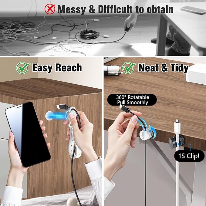 6 Desktop Cord Organizer Rotatable Spring 5 Magnetic Cable Clips Cord Holder for Nightstand Phone Charger Organizer Computer Desk Cable Management Electronics Appliance Adhesive Wire Strap Keeper Tie