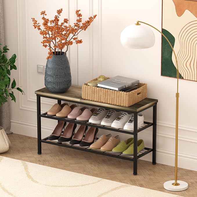 3-Tier Metal Shoe Rack with Wood Top - Durable & Space-Saving Shoe Organizer,Industrial Shoe Organizer Shelf Bench Storagefor Closet Entryway, Bedroom & Hallway - Gray + Black 28.5 W × 18" H