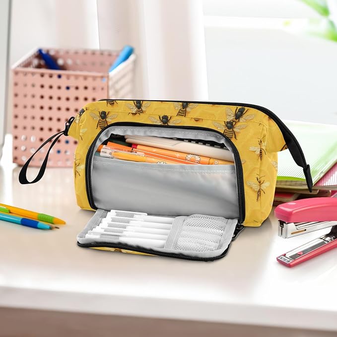 Pencil Case Yellow Bee Honey Large Capacity Pencil Pouch Portable Pen Bag Aesthetic Bag Stationery Storage and Organizer for School Teen Girls Boys