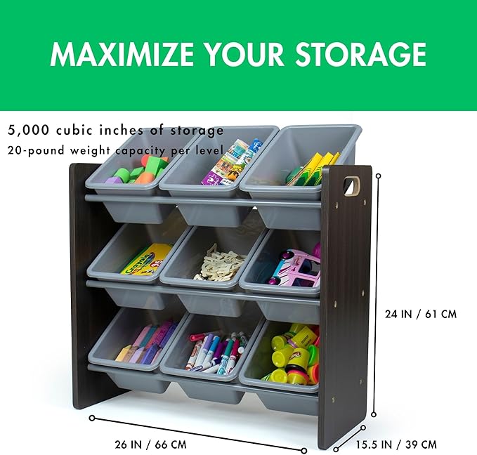 Humble Crew 9-Bin Toy Organizer – Sumatra Espresso/Grey Plastic Bins, 3-Tier Storage Solution for Kids' Playrooms and Nurseries