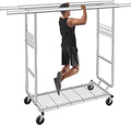 Gewudraw Clothes Rack Heavy Duty Load 900 Lbs With Wheels,Commercial,Chrome | Double Rod Rolling Clothing Rack, Adjustable | Portable | Collapsible, Hooks,Shelf,Garment Rack for Wardrobe,Bedroom,Silver
