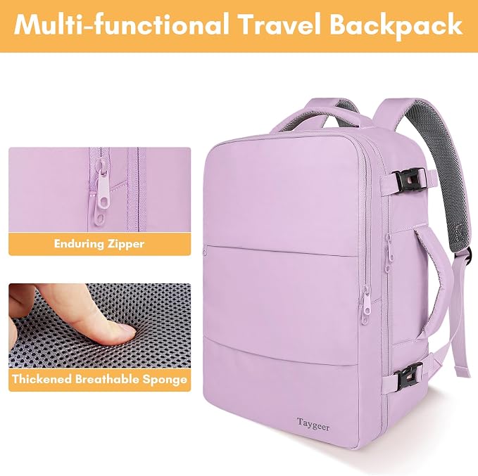 Taygeer Travel Backpack for Men Women, TSA Friendly Mochila for Business | Airline Approved Underseat Personal Item Bag with 17.3" Laptop Compartment, Carry On Bag for Weekend Hiking, Orchid Purple