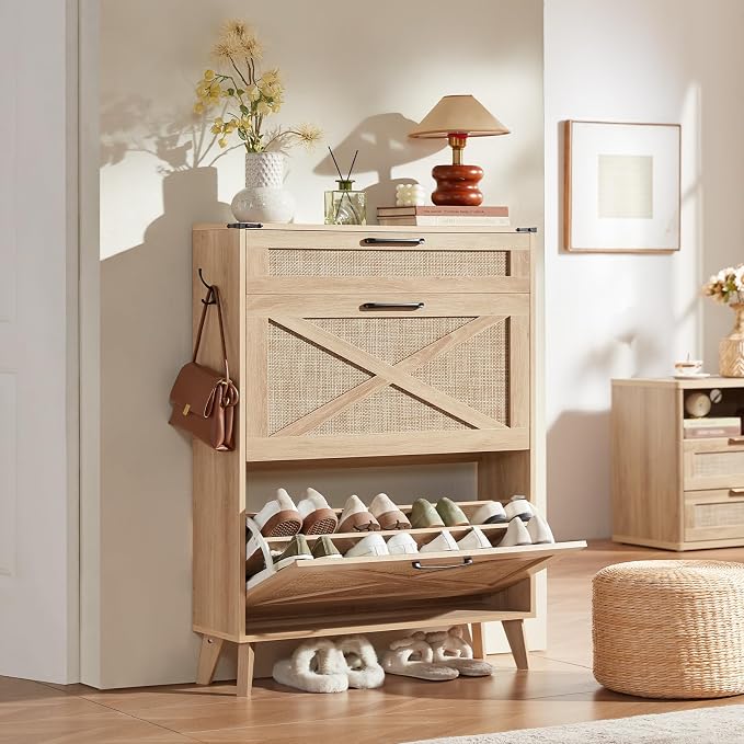 LEYAOYAO Shoe Cabinet Storage for Entryway with 2 Flip Drawers Rack Narrow Organizer Slim Hidden Wood Shoe Cabinet Furniture Natural Oak