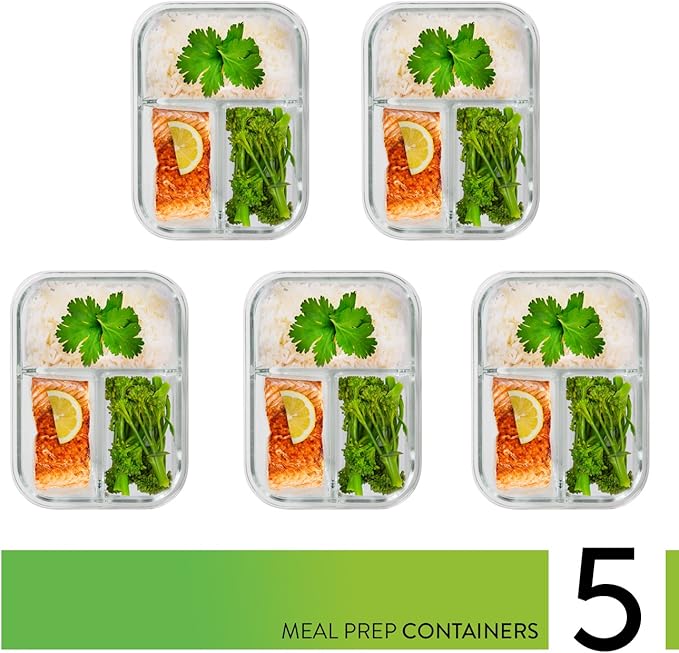 PrepNaturals 5 Pack 34 Oz Glass Meal Prep Containers - Dishwasher Microwave Freezer Oven Safe - Glass Storage Containers with Lids (Multi-Compartment) | Borosilicate Glass Meal Prep Containers - Airtight Leak-Resistant Lids, Microwave, Oven & Freezer S...