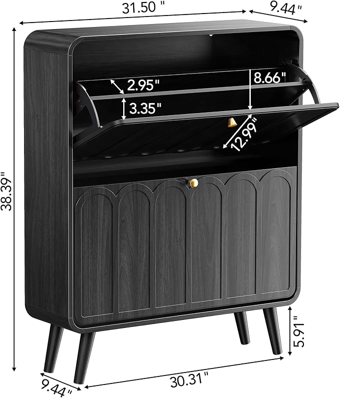 Decofy Shoe Cabinet with 2 Flip Drawers, Expanded Panel for Long Footwear, Freestanding Shoe Storage Cabinet with 3-Gear Adjustable Shelves, Narrow Shoe Cabinets for Entryway, Solid Wood Legs, Dark