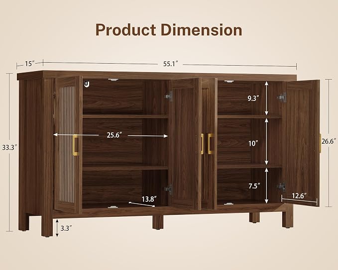 usikey Buffet Cabinet with Storage, 55" Fluted Sideboard Cabinet with 4 Adjustable Shelves, Modern Coffee Bar with 4 Doors, Coffee Bar Cabinet for Kitchen, Walnut