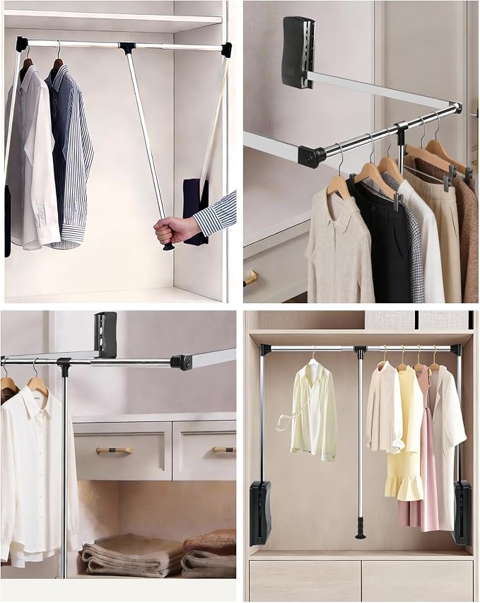 Pull Down Closet Rod, 33–45 in Adjustable, 44 lbs Capacity | Polished Metal Surface, Two-Way Buffering System, Smooth Pull-Down Access, Side-Mounted Design, Space-Saving Closet Organizer