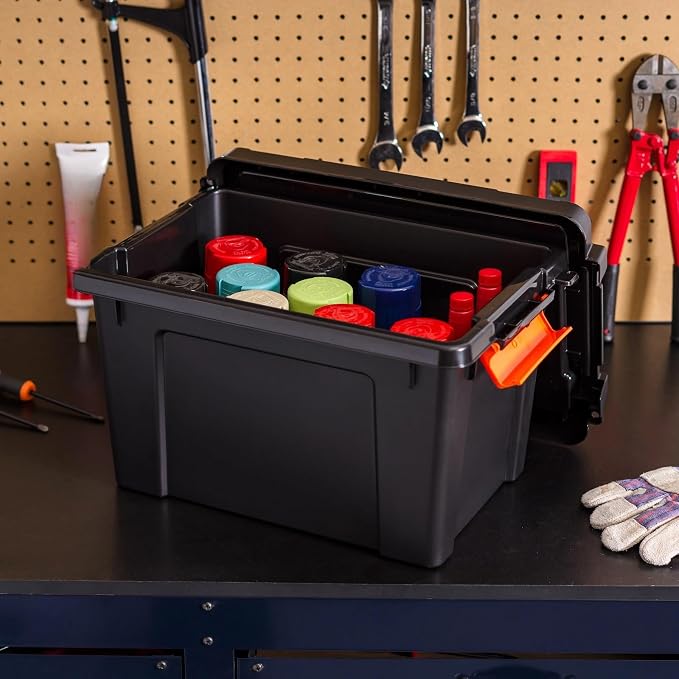 5 Gal Storage Bin 4-Pack, Stackable Plastic Tote with Latching Lid, Black | 5Gal Capacity, Secure Latching Lid, Heavy-Duty Plastic, Reinforced Handles, Stackable Design, Garage/Workshop Use