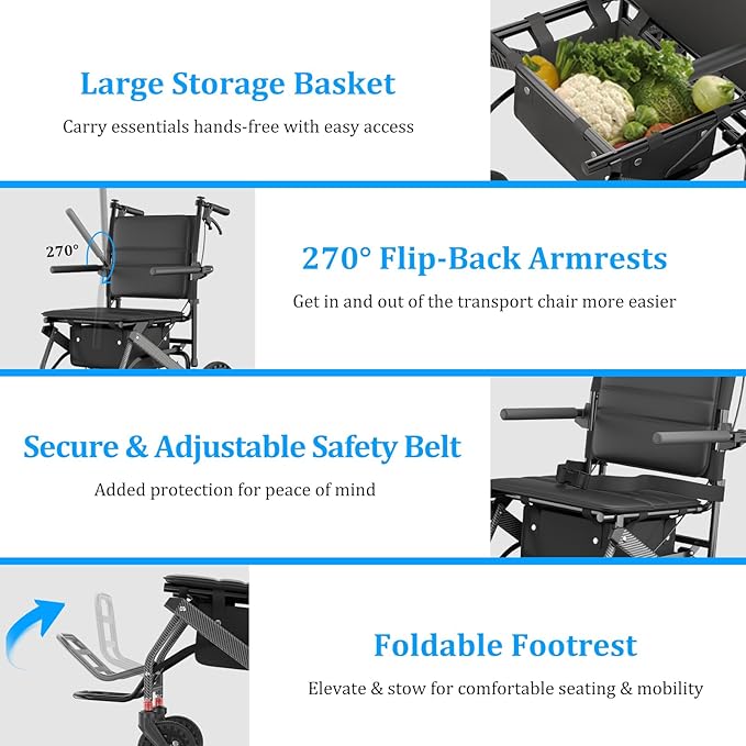 Nihhcune Foldable Wheelchair for Seniors, Ultra Lightweight Rolling Transport Chair with One-Hand Fold No Installation Portable Travel Wheelchair with Handbrake Seat Belt Storage Bag, 300lb Capacity