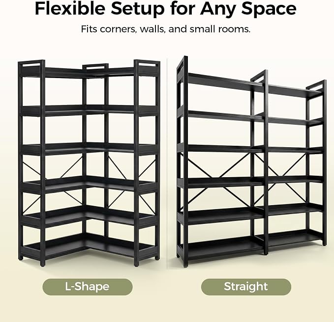 GTPLAYER 6-Tier Corner Bookshelf, L-Shaped Metal Frame Shelf with Tall 14" Shelves, Plant Stand and Storage Rack for Small Spaces, Living Room and Home Office, Black