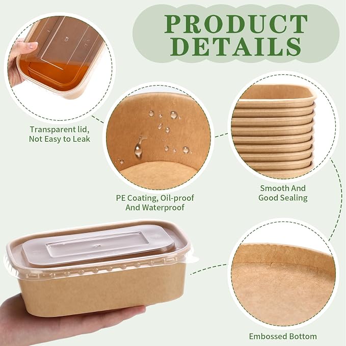 Maxdot 50 Pack 19 oz Disposable Food Containers with Lids Paper Food Containers Bowls for Meal Prep, Salad, Ice Cream, Yogurt, Soup Bowls Party Leftover Box