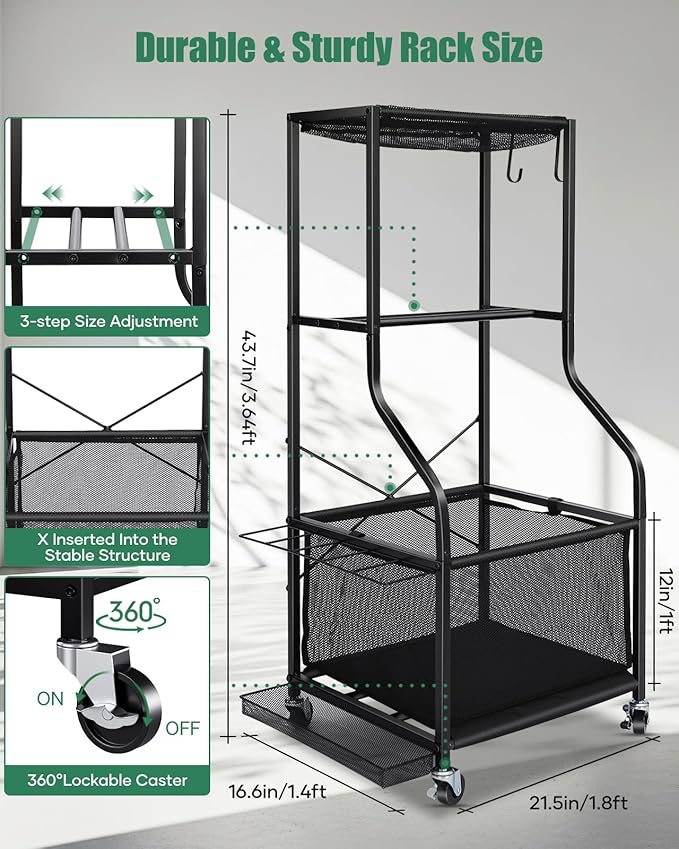 EXTCCT Sports Equipment Garage Organizer - Rolling Ball Storage with wheels, 3-Tier Sports gear Storage Rack Indoor & Outdoor Balls Cart with Hooks for Home, Garage (Black)
