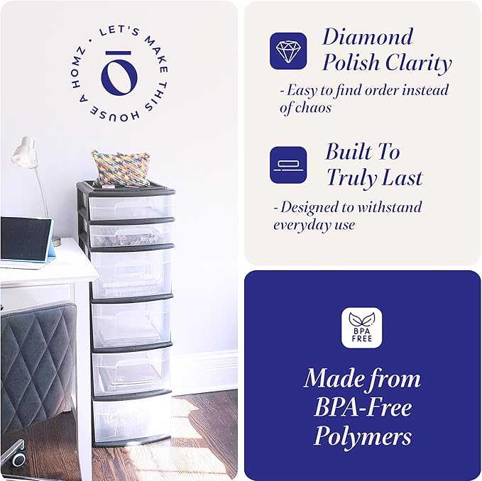HOMZ 2-Pack Drawer Tower, 6-Tier Clear Plastic Storage Organizer Cart, Black Frame - Organizing Containers for Home, Office, Bathroom, Bedroom, and Classroom