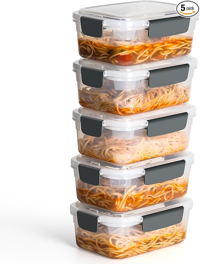 YORY 5cup Plastic Food Storage Containers With Lids For Lunch Meal Prep,5pk | BPA free,Stackable and Nestable,Snaplock Lid ,Freezer Dishwasher Microwave Safe