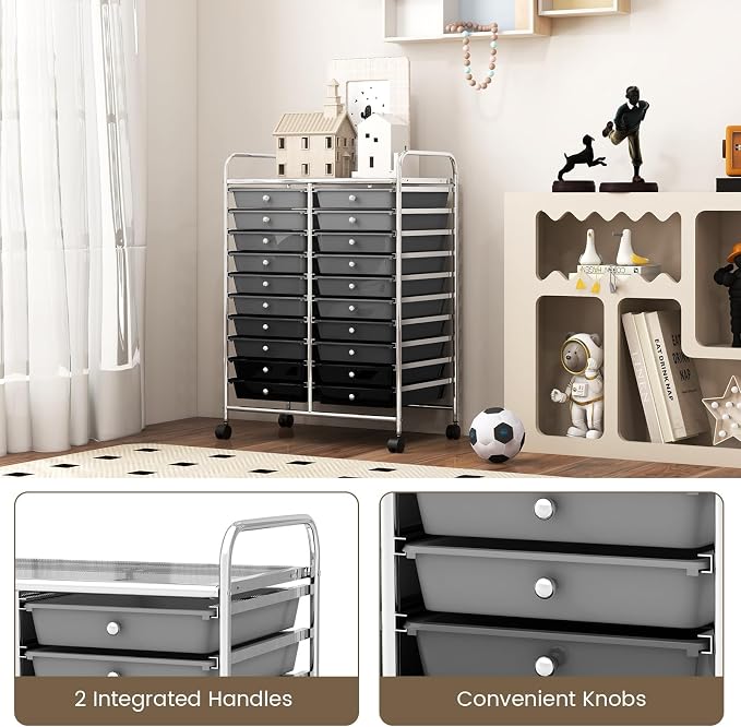 LDAILY 20-Drawer Rolling Storage Cart, Rolling Storage Cart, Storage Organizer on Wheels, Metal Frame, Scrapbook Paper Tools, Suitable for Office School, Classroom (Gradient Grey, 20 Drawer)