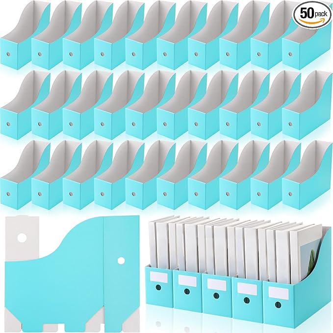 Geyee 50 Pcs Cardboard Magazine Holder Magazine File Holder Magazine Storage Box Document Magazine File Organizer with 50 Pcs Labels for School Office Home Supplies (Blue)