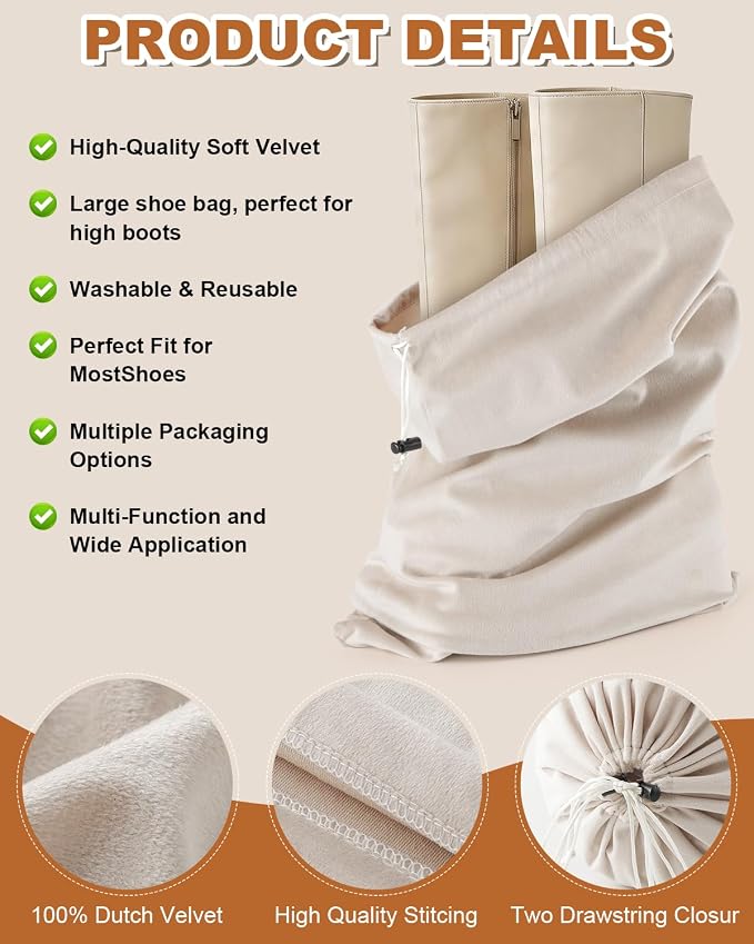 2 Pcs Shoe Bags for Travel, Large Boot Bag, Beige, 21.2x13.3 Inch | Washable & Reusable Travel Shoe Bags, Dustproof Shoe Bags with Drawstring Closure, Suitable for Travel, Home Storage
