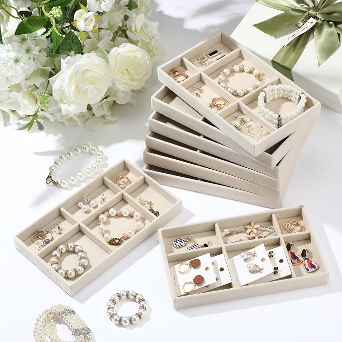Highergo 8 Pcs Velvet Jewelry Trays Stackable Drawers Organizer Ring Earring Bracelet Necklace Storage Trays, 8.3x4.7x1''(6 Uneven Grids)