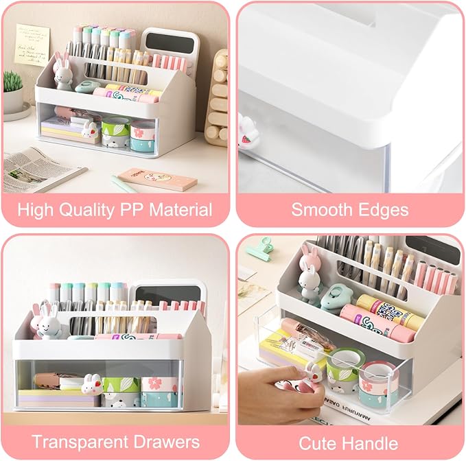 SAYEEC Desk Organizer with Drawer Multi-Functional Makeup Organizer with Handle 7 Compartments Pencil Pen Holder Small Desktop Storage Box Desk Accessories Caddy for Office Home Art Supplies (White)