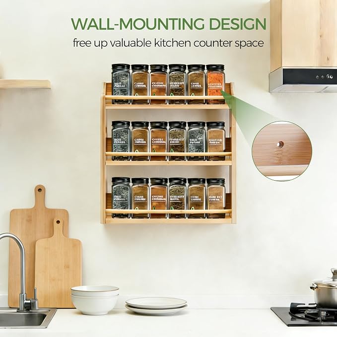 3 Tier Bamboo Spice Rack, Spices Storage Shelf with Handles, Seasoning Jars Organizer for Kitchen Counter or Wall Mounting