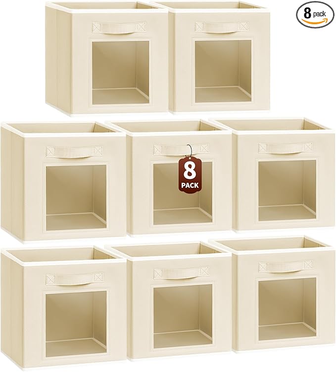 Homsorout Foldable Storage Cubes - Cubby Storage Organizer with Window, Decorative Baskets for Organizing, Fabric Bins for Clothes Storage, Closet Storage Cubes-11inch, Set of 8, Beige