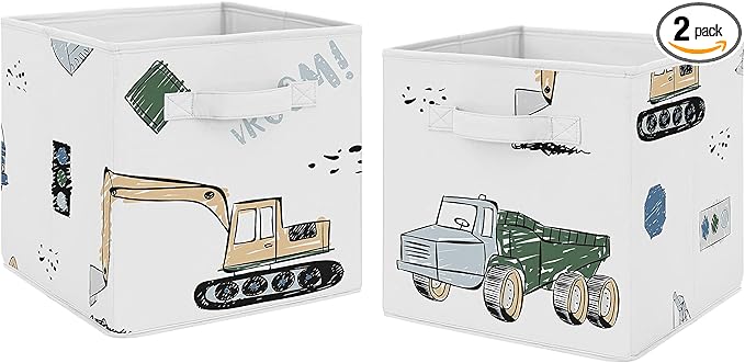 Sweet Jojo Designs Construction Truck Foldable Fabric Storage Cube Bins Boxes Organizer Toys Kids Baby Childrens - Set of 2 - Grey Yellow Black Blue and Green Transportation