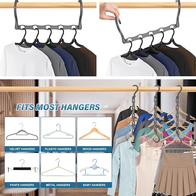 24 Pack Hangers Space Saving Magic Plastic Hanger Organizer Shirt Space Saving Hangers, Multi Clothes Hangers Space Saver for Closet Organizers Storage College Dorm Room Essentials, Grey