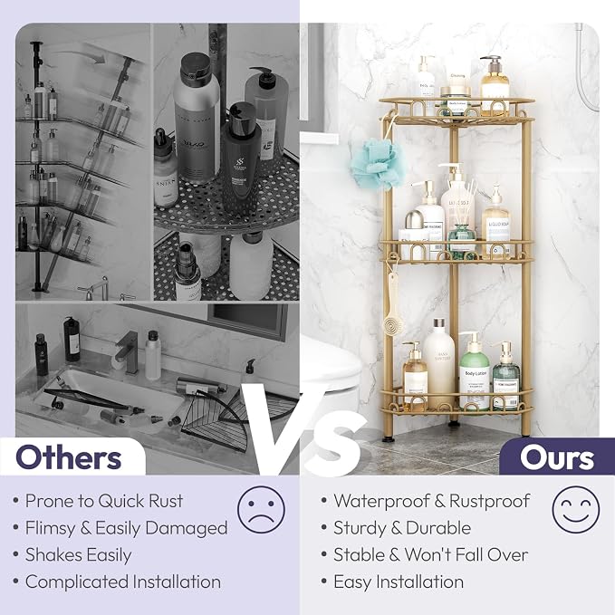 SWTYMIKI Standing Shower Caddy Corner - 3‑Tier Stainless Steel Shower Organizer Shelf with 12 Hooks and Adhesive Pads, Rustproof Corner Shelves Stand Rack for Bathroom Shower Room, Gold