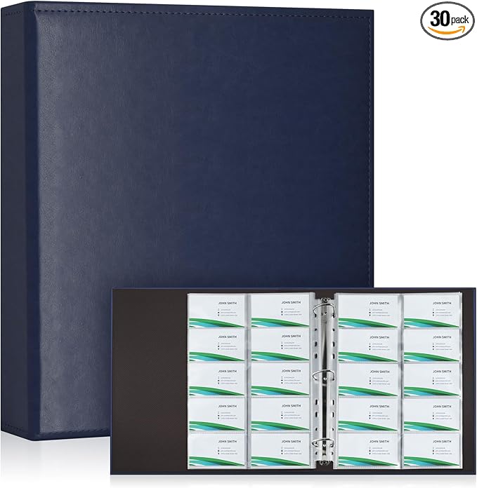 BYSTER A4 Business Card Book, PU Leather Organizer with 30 Pack Sleeves (600 Pockets), Business Card Binder for Credit Cards, Membership Cards, and More - Blue