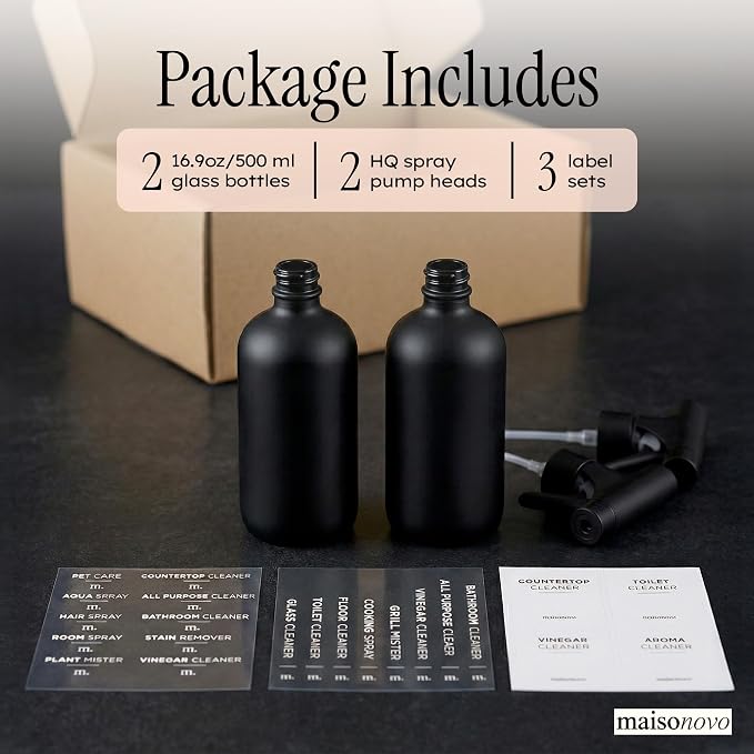 MaisoNovo Glass Spray Bottles 16.9 Oz Pack of 2 - Durable Black Spray Bottle with Fortified Glass & Fine Mist Pumps - Ideal for Salons, Barbers, Stylists, Pet Groomers & Daily Hair Care - 16 Labels