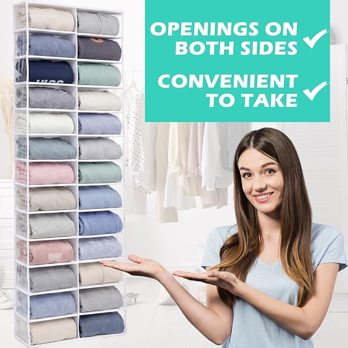 Over The Door Hoodie Organizer 26 Clear Pocket Sweatshirt Organizer with 3 Hooks Hanging Sweatshirt Hoodie Rack Holder Cabinet Behind The Doors for Dormitory Bedroom Closet Storage