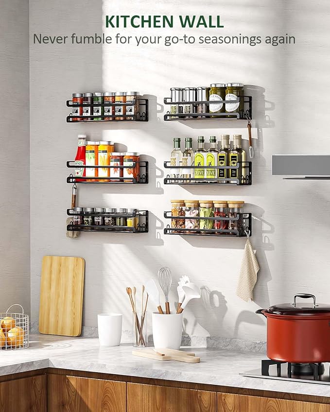 Doakhirmit Wall Mounted Spice Rack,Wooden Spice Holder Black,2 Pack | 8 Hooks,Screw or Adhesive Installation , Hanging Organizer for Stove Cabinet Pantry Door Kitchen and RV Use