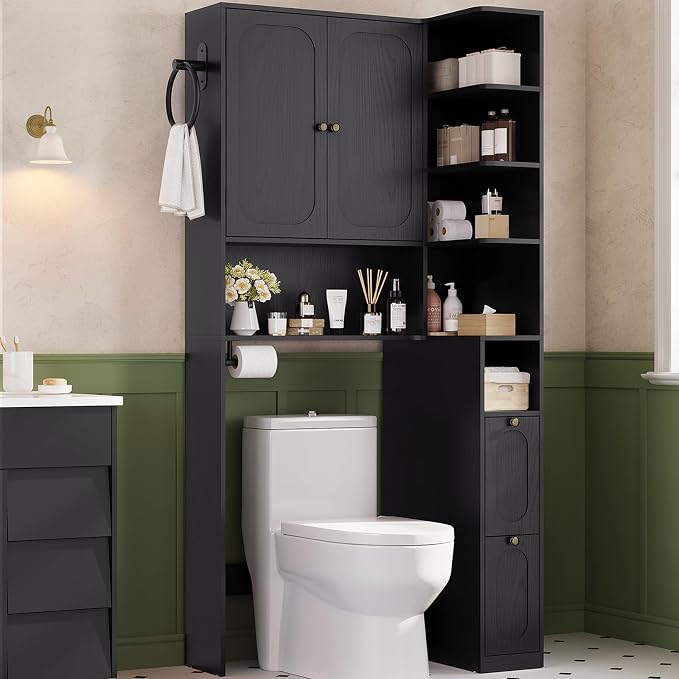 7-Tier L-Shaped Wooden Over the Toilet Storage Cabinet with Doors, Modern Over Toilet Bathroom Organizer Shelf with 2 Large Drawers, Bathroom Over Toilets Storage Cabinet, Space Saver, Black