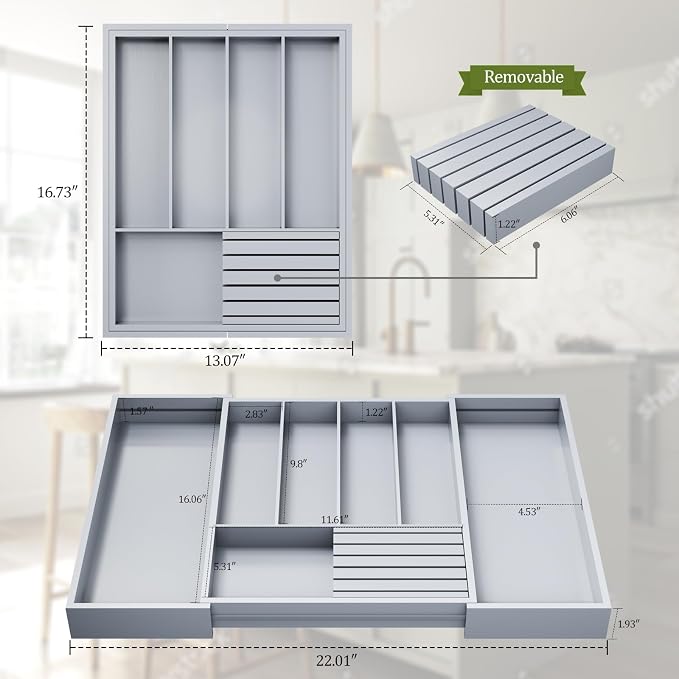 Bamboo Kitchen Silverware Drawer Organizer - Expandable Wood Utensil Holder with Dividers, Luxury Cutlery Storage Tray for Kitchen Utensil and Flatware (5-7 Slots with Removable Knife Block, Grey)