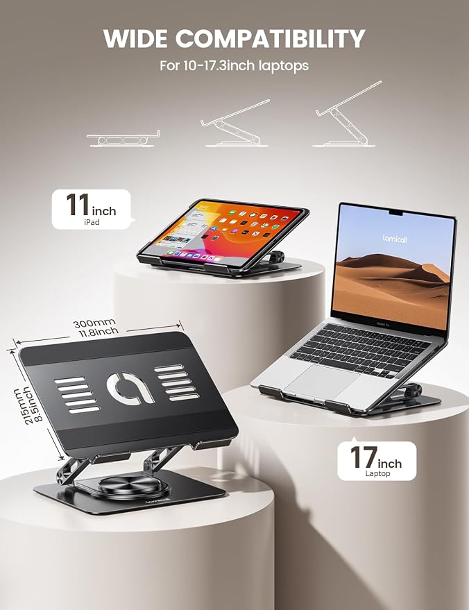 Lamicall Adjustable Laptop Stand for Desk - 360° Rotating Base Ergonomic Computer Stand, Aluminum Laptop Riser Foldable Portable for Office Home fits MacBook Neo Air Pro, Dell, HP (10-17.3'') - Black
