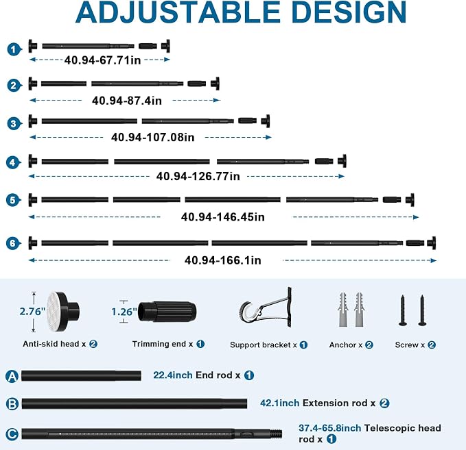 AIZESI 41-165 Inch Heavy Duty Black Tension Curtain Rod - No Drilling, Adjustable, Rust-Resistant for Outdoor, Living Room, Window, Bathroom