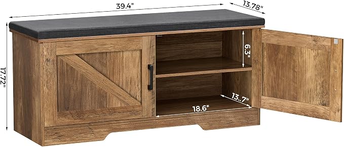 HOMSHO Farmhouse Shoe Storage Bench with 2 Barn Doors & Padded Seat Cushion | 39.4" Wide Entryway Bench with Adjustable Shelves & Hidden Storage, Rustic Walnut