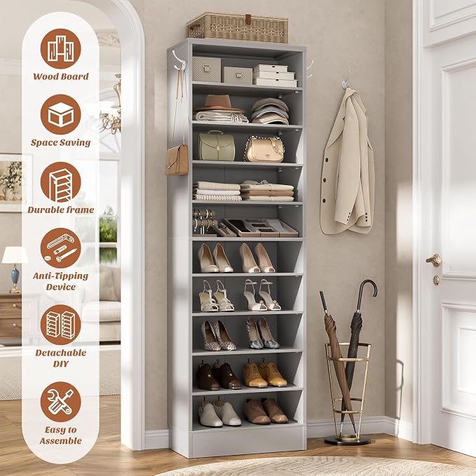 Aheaplus Tall Shoe Cabinet, 10 Tiers Narrow Wood Shoe Rack, Shoe Storage Organizer with Open Storage, Vertical Shoe Shelf Tower for 20-22 Pairs, Space Saving, for Closet, Entryway, Bedroom, Grey