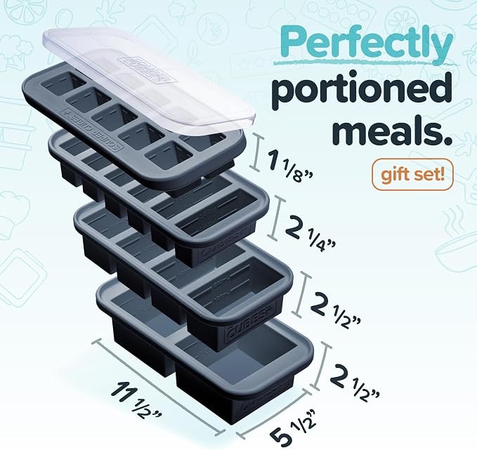 Souper Cubes Silicone Freezer Molds Gift Set, Charcoal | 2 Tbsp, 1/2 Cup, 1 Cup and 2 Cup Silicone Molds for Food Set, Perfect for Freezing Soup, Grains, Proteins, Herbs and More