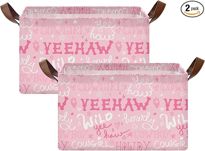Howdy Cowgirl Quoted Pink Western Storage Basket Foldable Cube Storage Bins with Handles&Labels Waterproof Collapsible Organizer Box Bin Large Rectangle Decorative Baskets for Shelves Home Living Room