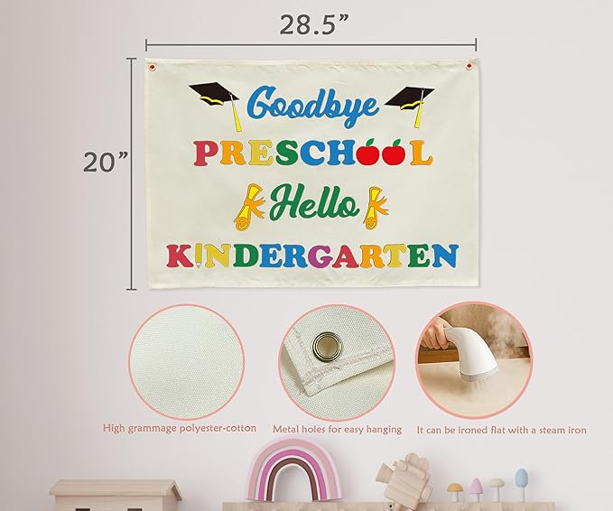 Goodbye Preschool Hello Kindergarten Banner, Beige Cotton Canvas Classroom Wall Hanging Sign, Last Day of School Decor for Preschool Pre-K Teacher Door Photo Backdrop, Teacher Gift 28.5x20 Inch