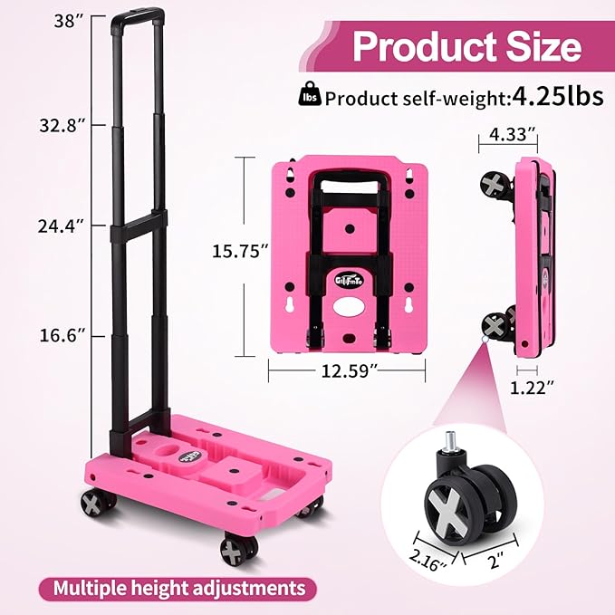 Folding Hand Truck Lightweight Hand Truck Dolly Foldable,Luggage cart with 4 Rotate Wheels, Utility Cart with Adjustable Handle,Collapsible Dolly for Moving