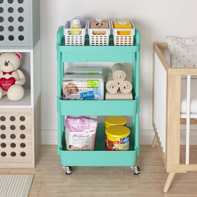Calmootey 3-Tier Rolling Utility Cart with Drawer,Multifunctional Storage Organizer with Plastic Shelf & Metal Wheel,Storage Cart for Kitchen,Bathroom,Living Room,Office,Green | Space-Saving Organizer, Sturdy Plastic Shelves, Smooth-Rolling Metal Wheel...