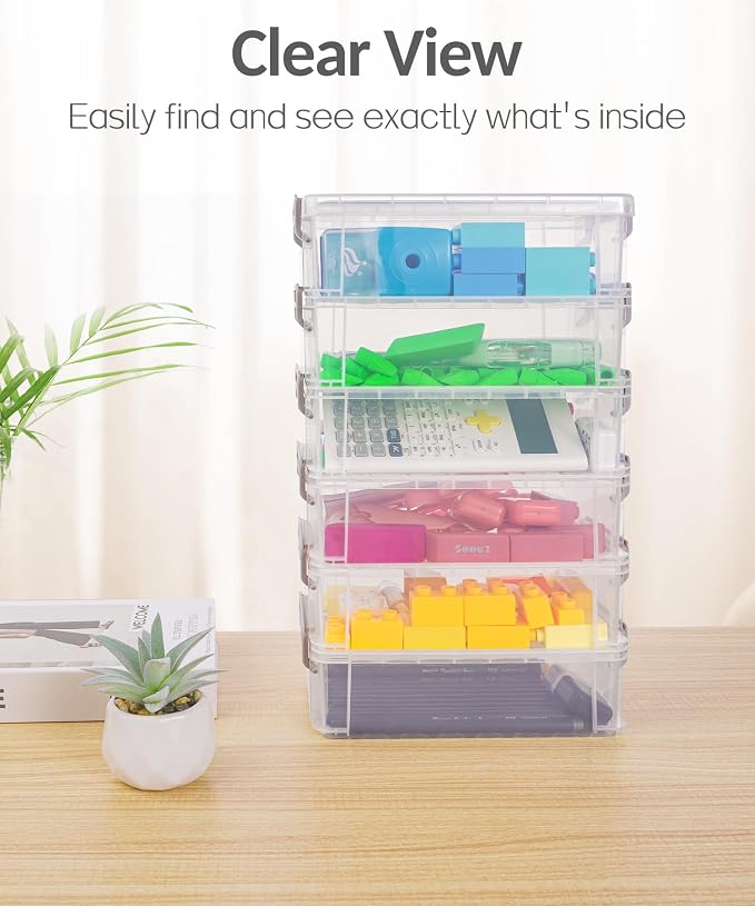 Sooez 6 Pack Small Plastic Containers with Lids, 6.4" x 4.4" x 2.7", Clear Crayon Box Pencil Pouch, Stackable Stroage Organizer for Beads Craft and Art Supplies, Storage Bins for Jewelry and Stickers