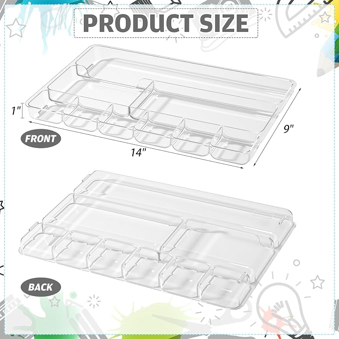 Junkin 4 Pcs Shallow Drawer Organizers 14" x 9" x 1" Desk Drawer Organizer Tray with 9 Storage Compartments for Home Office Classroom School Organizing Pens Paper Clips Sticky Notes (Clear)