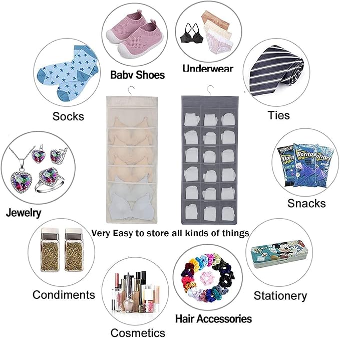 Bra and Underwear Hanging Storage Organizer Mesh Pockets Dual Sided Wall Shelves Space Saver Bag Sock Underpants Drawer Closet Clothes Rack (Gray:(6+18pockets))